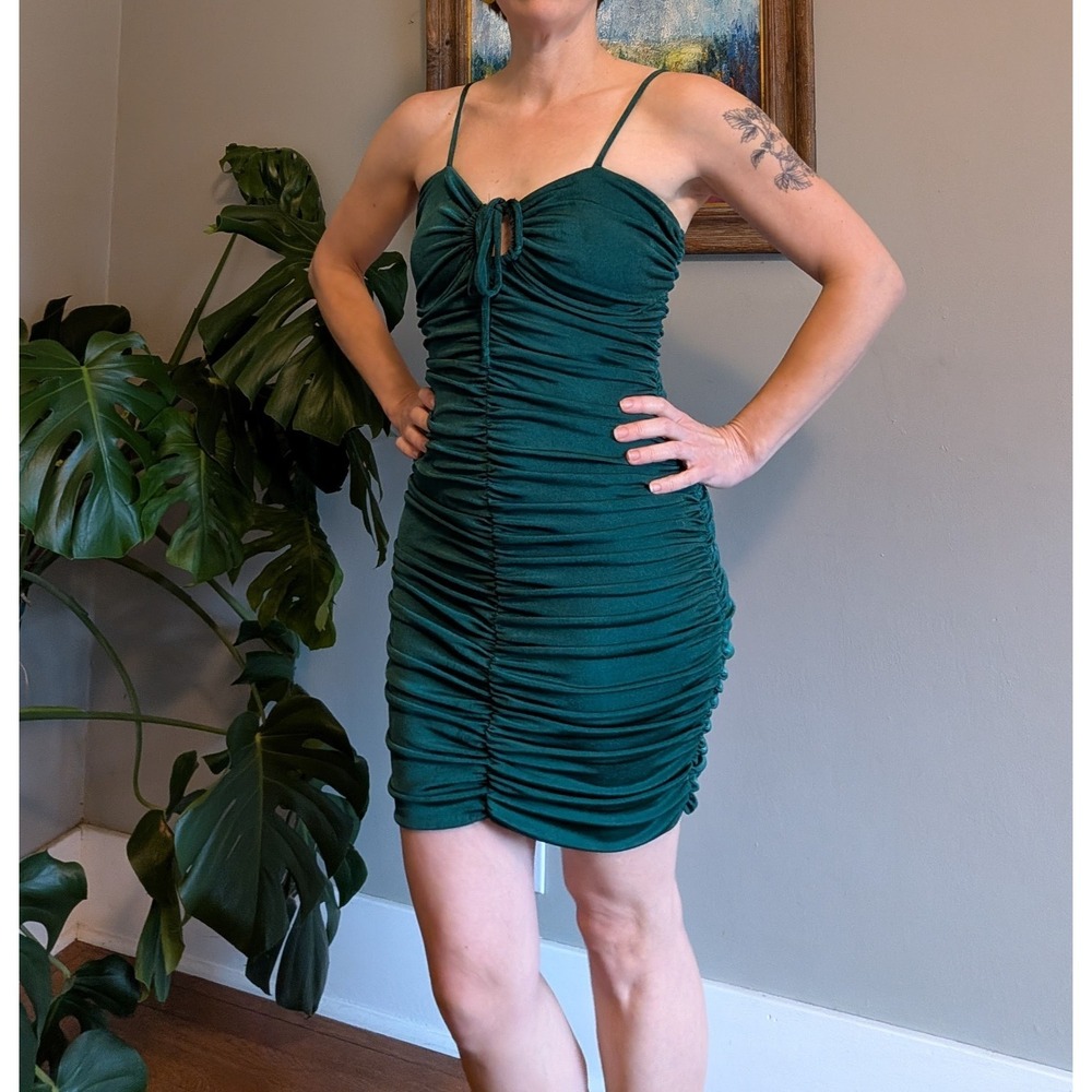 Women's Emerald Green Ruched‎ Shimmer Mini Spaghetti Straps Dress Large Clubbing